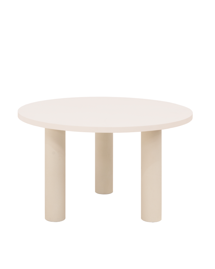 Table de salle à manger ronde en microciment de teinte blanc cassé disponible en différentes tailles