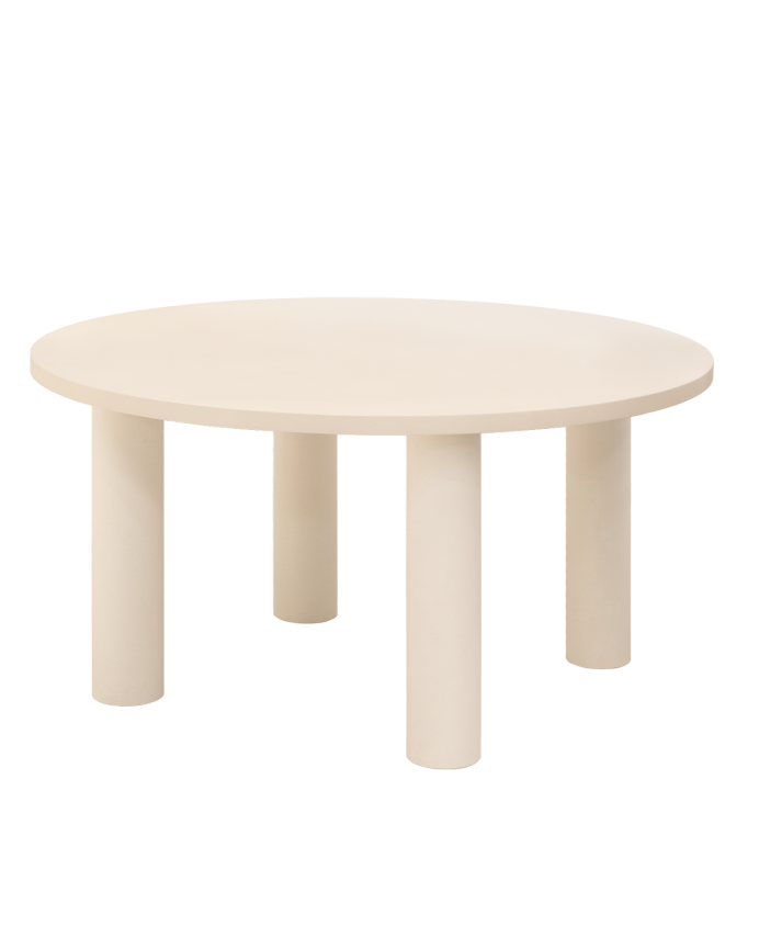 Table de salle à manger ronde en microciment de teinte blanc cassé disponible en différentes tailles