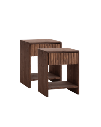 Pack de 2 tables de chevet en bois massif avec un tiroir ton noyer en différentes tailles