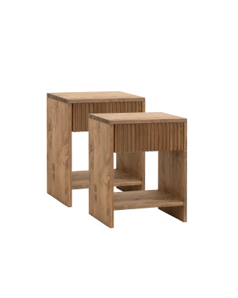 Pack de 2 tables de chevet en bois massif avec un tiroir ton chêne foncé en différentes tailles