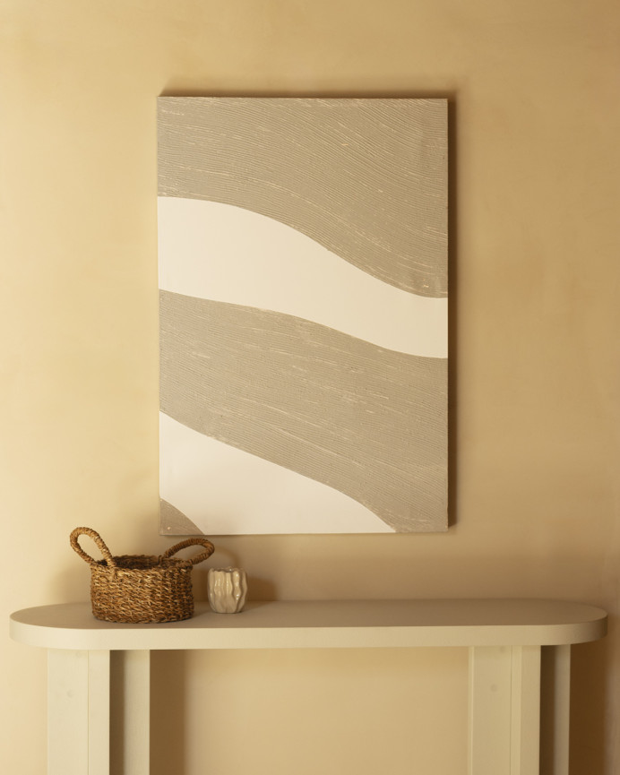 Tableau beige et blanc décoratif sur coton avec cadre en bois peint à la main à la peinture à l'huile en différentes tailles