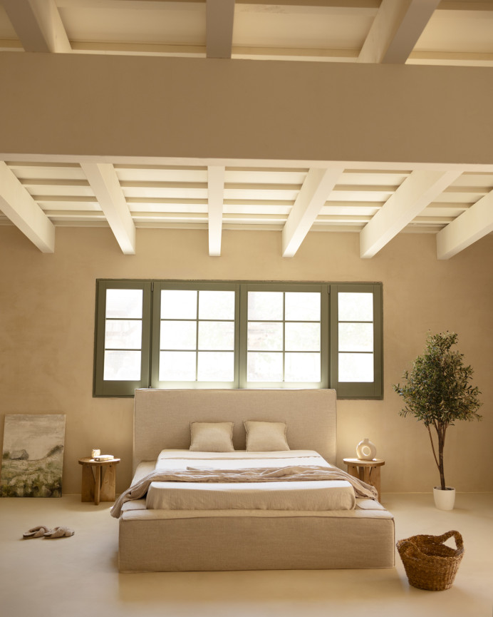 Lit déhoussable en lin beige pour les matelas en différentes tailles