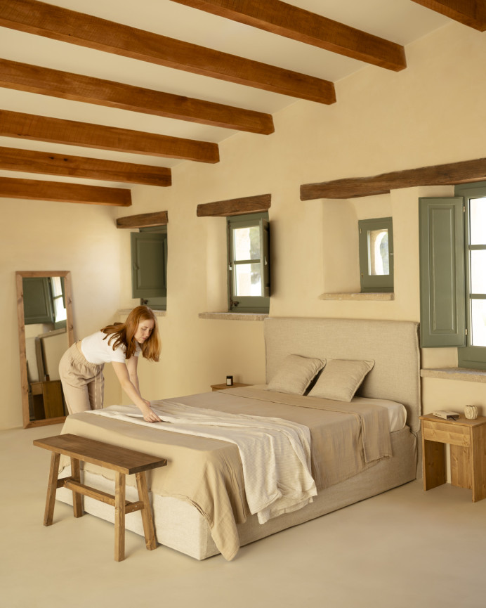 Lit coffre déhoussable en lin beige pour les sommiers en différentes tailles