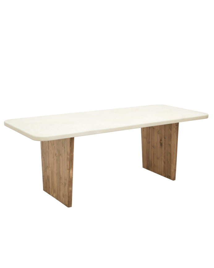 Table de salle à manger en microciment de couleur blanc cassé avec des pieds en bois de chêne foncé en différentes tailles