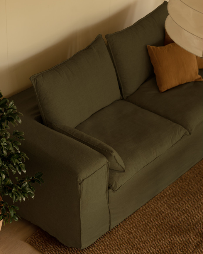Housse pour canapé en lin déhoussable couleur verte en différentes tailles