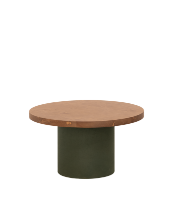 Table basse ronde en bois massif teinte chêne foncé avec pieds en microciment teinte verte disponible en différentes tailles