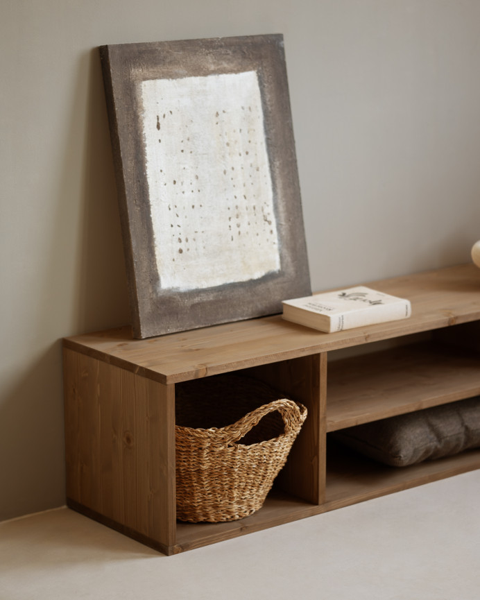 Meuble TV en bois massif ton chêne foncé 160x40cm
