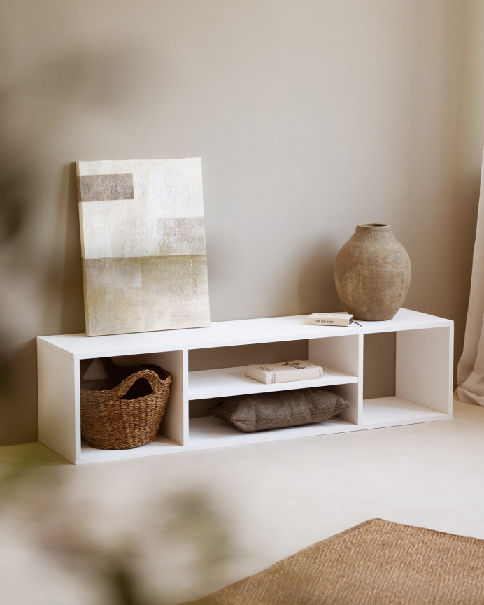 Meuble TV en bois massif ton blanc 160x40cm