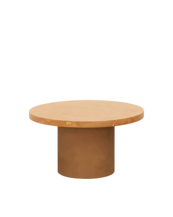 Table basse ronde en bois massif teinte chêne moyen avec pieds en microciment teinte terracotta en différentes tailles