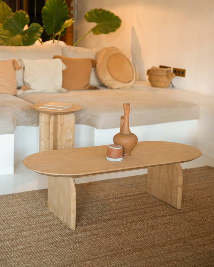 Table basse ovale en bois massif ton chêne moyen en différentes tailles