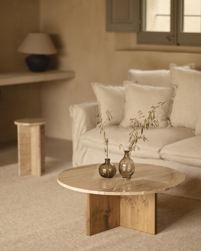 Table basse ronde en marbre daino reale avec pieds en bois massif disponibles en différentes tailles