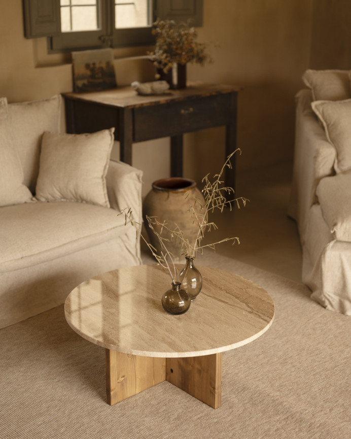 Table basse ronde en marbre daino reale avec pieds en bois massif disponibles en différentes tailles