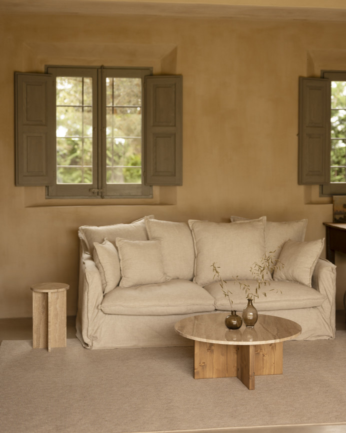 Table basse ronde en marbre daino reale avec pieds en bois massif disponibles en différentes tailles