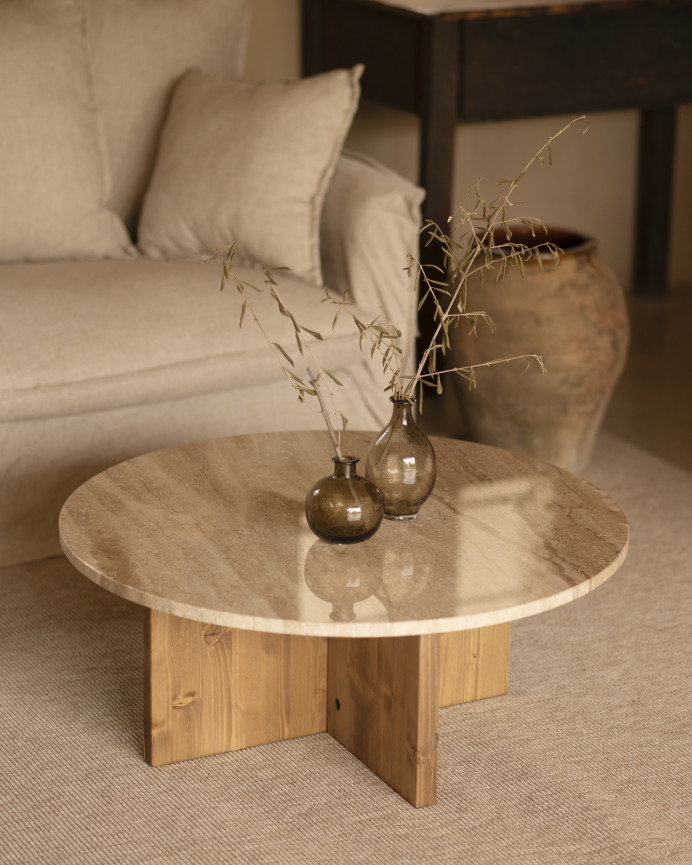 Table basse ronde en marbre daino reale avec pieds en bois massif disponibles en différentes tailles
