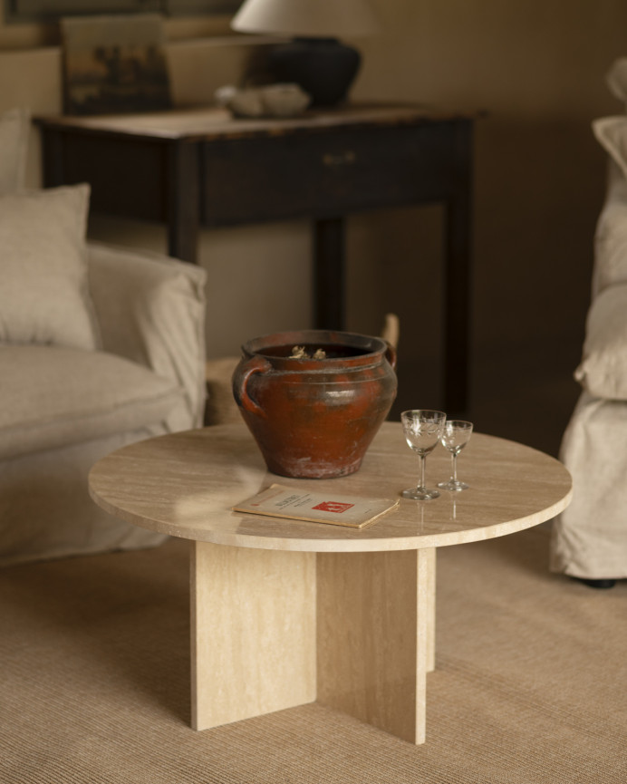 Table basse ronde en marbre travertin disponible en différentes tailles
