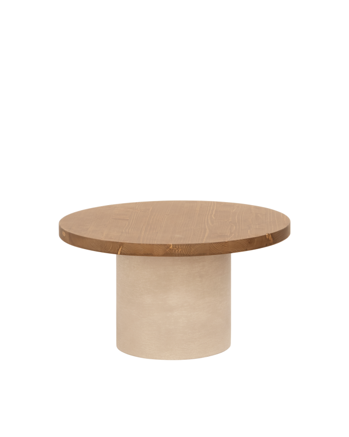 Table basse ronde en bois massif teinte chêne foncé avec pieds en microciment teinte terre disponible en différentes tailles