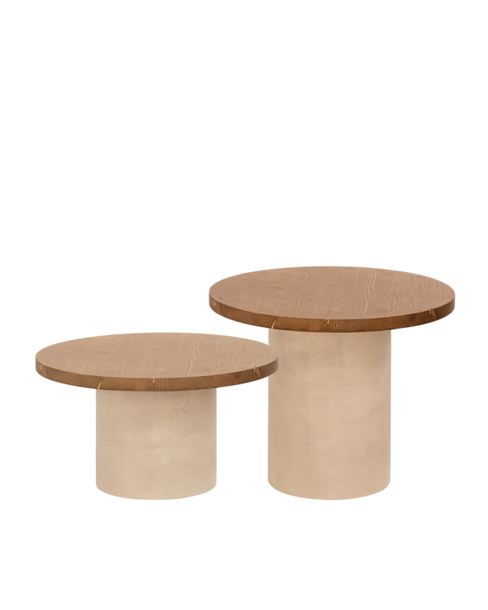 Table basse ronde en bois massif teinte chêne foncé avec pieds en microciment teinte terre disponible en différentes tailles