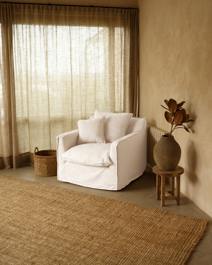 Housse de fauteuil en coton et lin amovible ton blanc de 100x90cm
