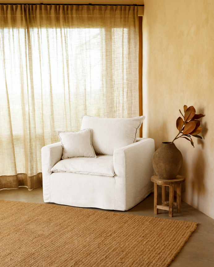 Housse de fauteuil en coton et lin amovible ton blanc de 109x96cm