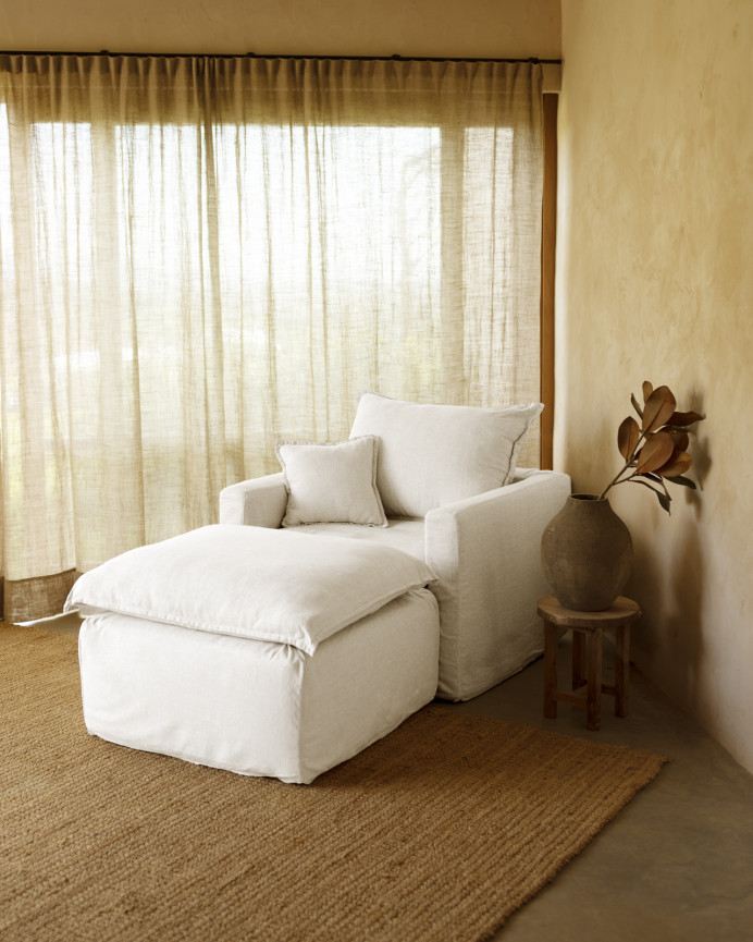 Housse de fauteuil en coton et lin amovible ton blanc de 109x96cm
