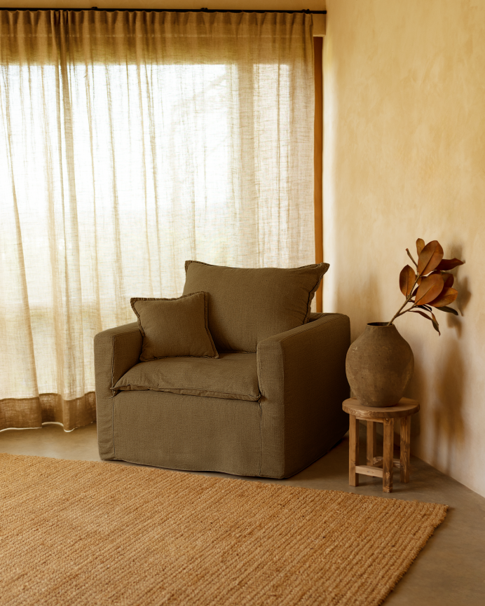 Housse de fauteuil en coton et lin amovible ton vert de 109x96cm