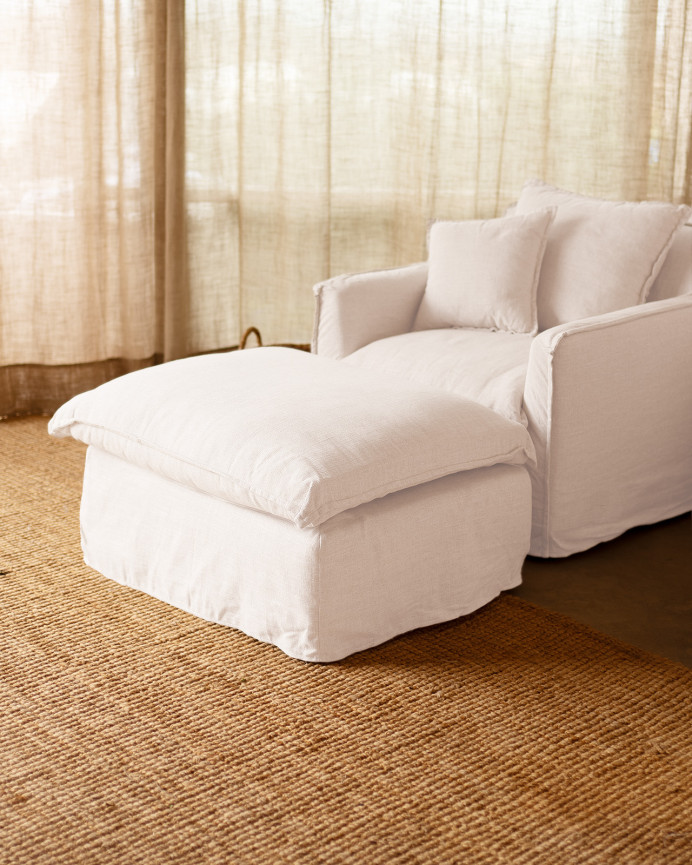Pouf en coton et lin déhoussable ton blanc de 90x72cm