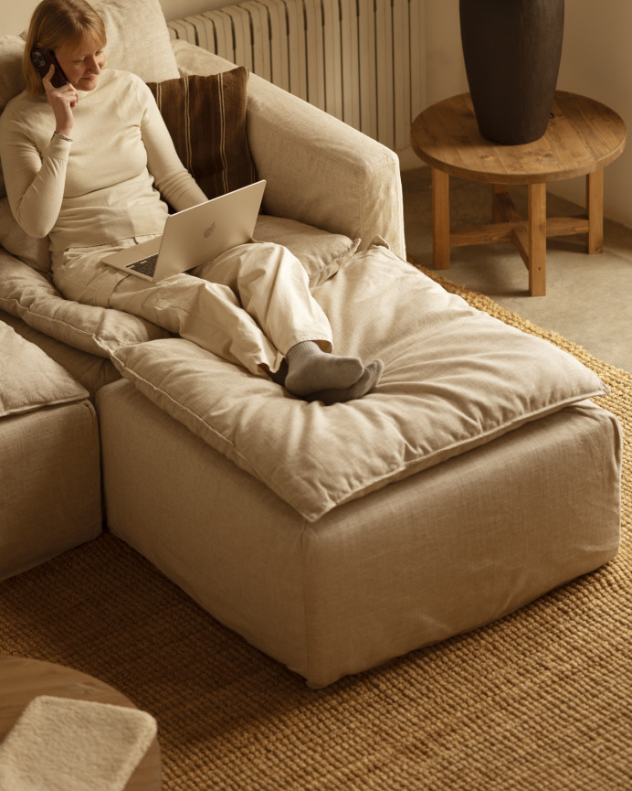 Pouf en coton et lin déhoussable ton beige de 89x87cm