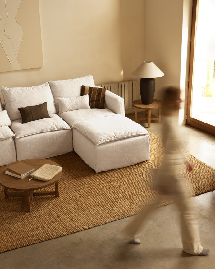 Pouf en coton et lin déhoussable ton blanc de 89x87cm