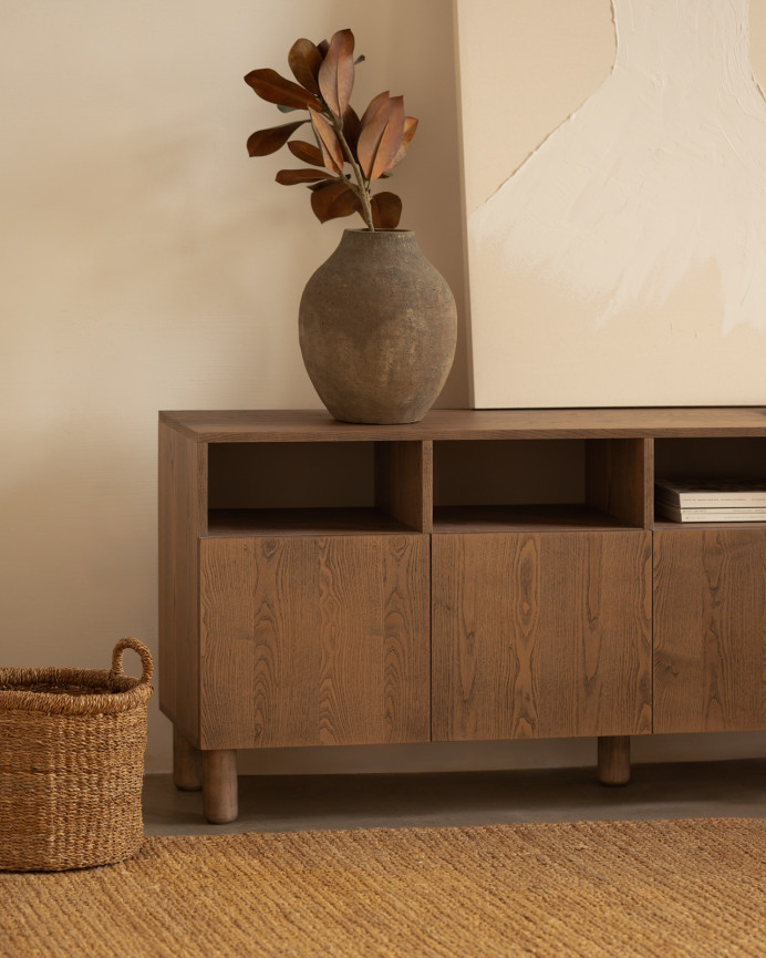 Buffet avec 4 portes en bois de placage de frêne naturel en teinte noisette de 176x40cm