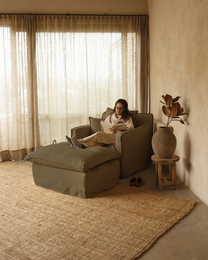 Housse de pouf en coton et lin amovible ton vert de 92x72cm