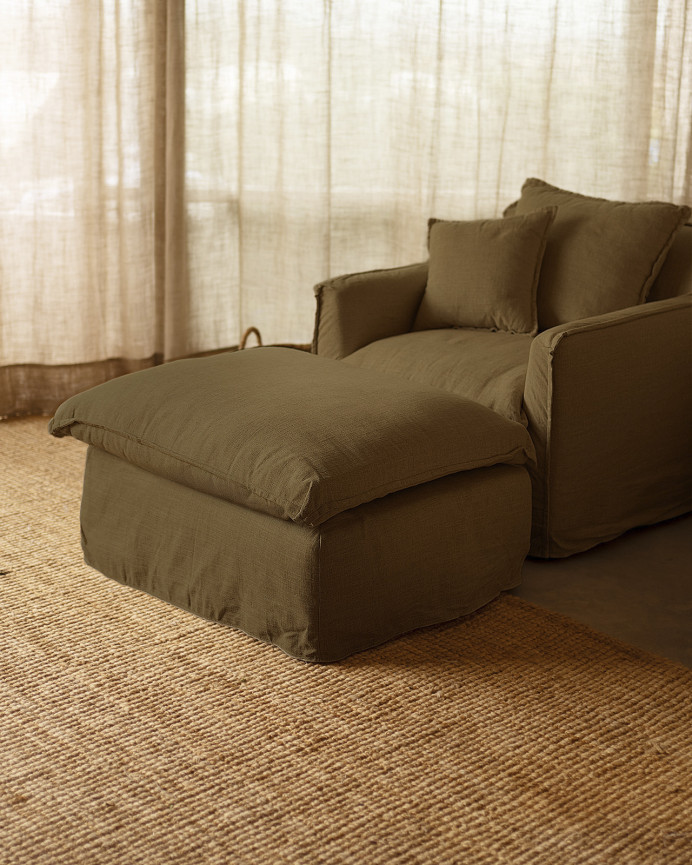 Housse de pouf en coton et lin amovible ton vert de 92x72cm