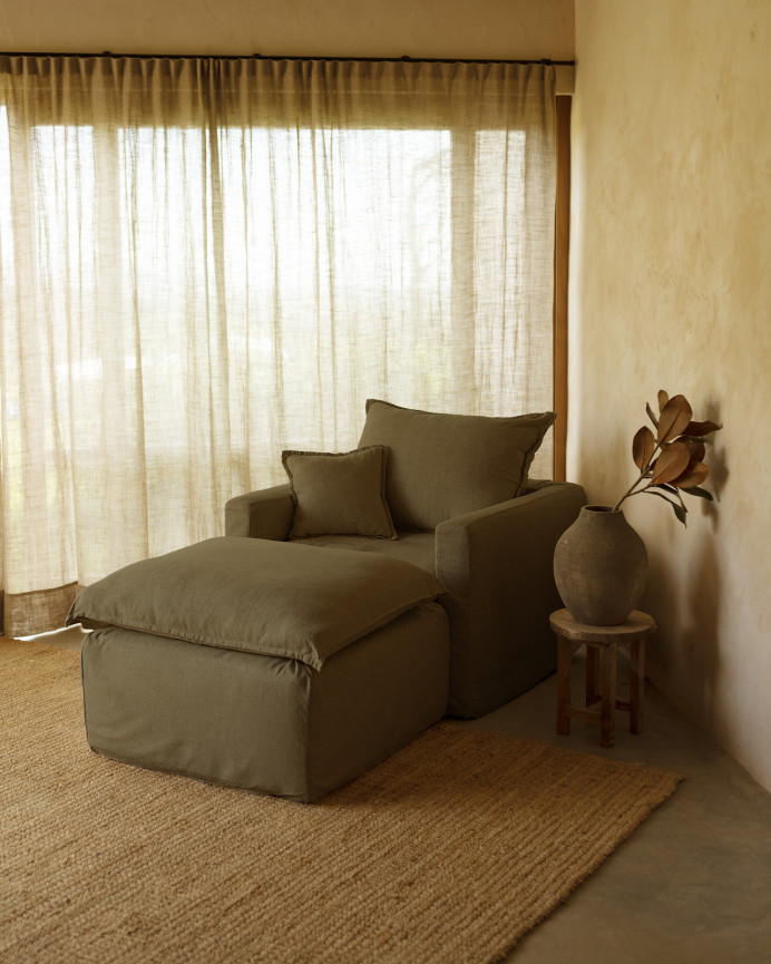 Housse de pouf en coton et lin amovible ton vert de 92x72cm