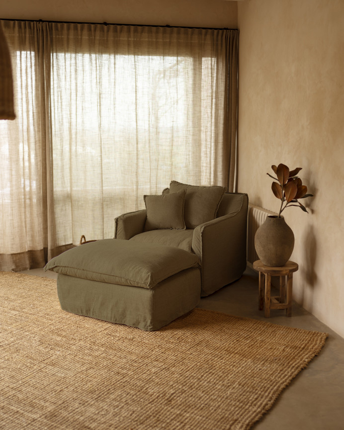 Pouf en coton et lin déhoussable ton vert de 90x72cm