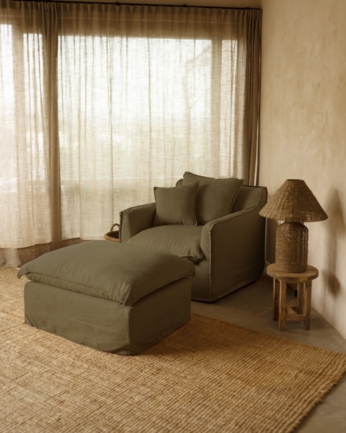 Housse de pouf en coton et lin amovible ton vert de 92x72cm