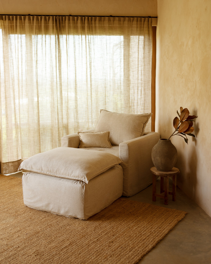 Fauteuil en coton et lin déhoussable ton beige de 108x96cm