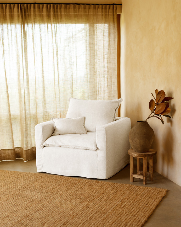 Fauteuil en coton et lin déhoussable ton blanc de 108x96cm
