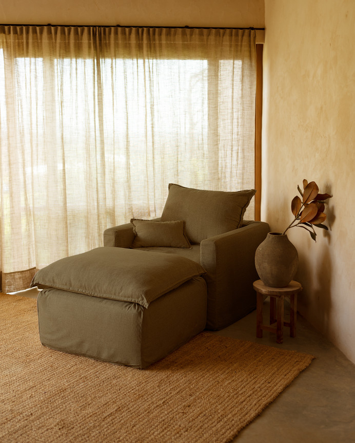 Fauteuil en coton et lin déhoussable ton vert de 108x96cm