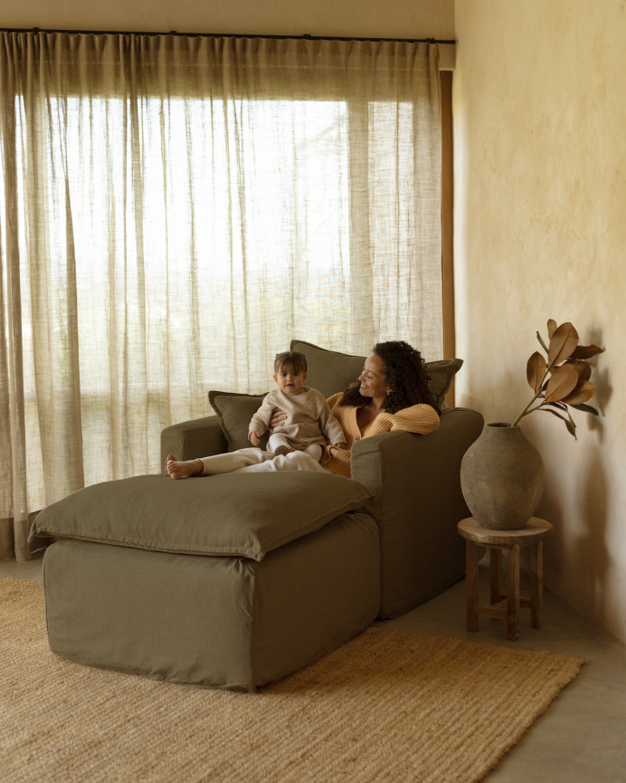 Fauteuil en coton et lin déhoussable ton vert de 108x96cm