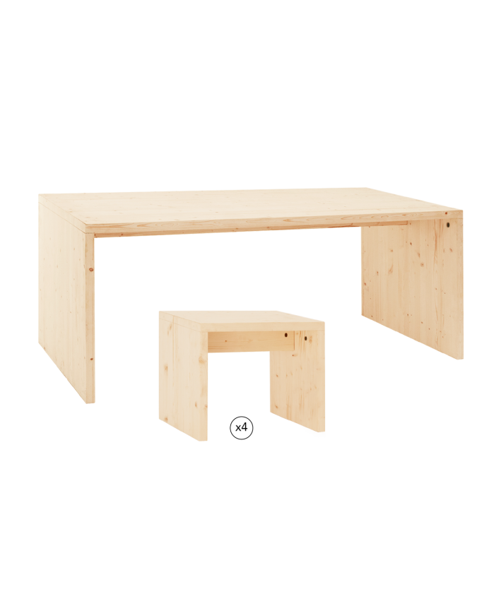 Pack table à manger et 4 tabourets en bois massif ton naturel 120cm