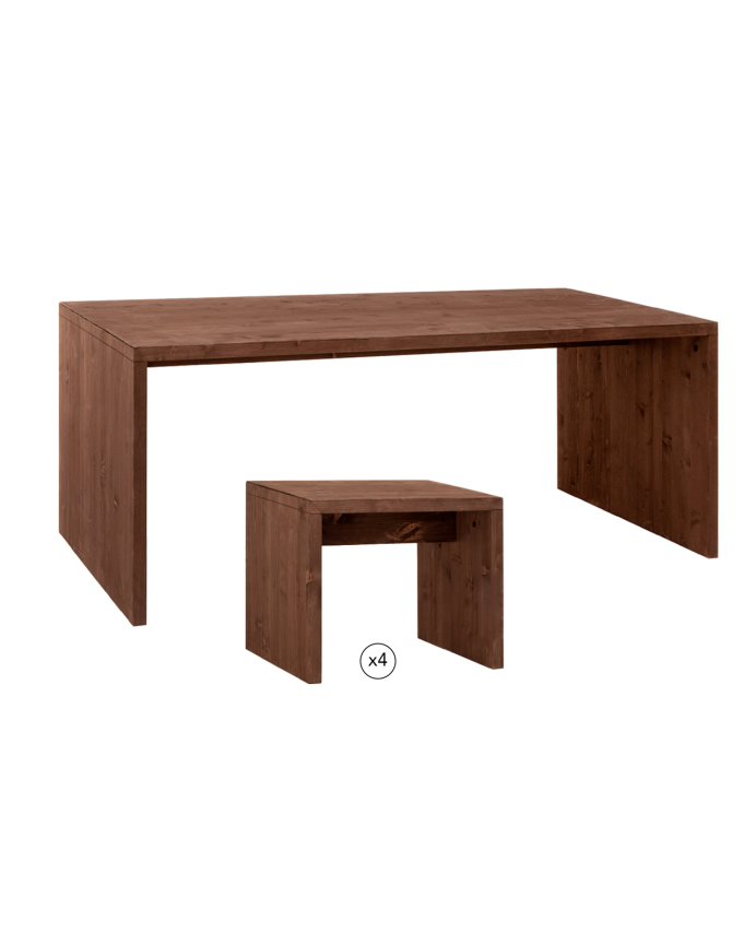 Pack table à manger et 4 tabourets en bois massif ton noyer 120cm