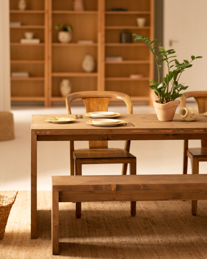 Pack table à manger et 4 tabourets bois massif en chêne foncé 120cm