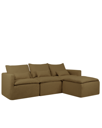 Canapé modulaire 3 places avec chaise longue droite en coton et lin déhoussable ton vert de 285x185cm