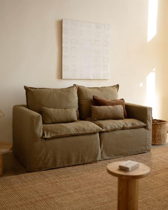 Housse de canapé modulable droit en coton et lin amovible ton vert de 196x96cm
