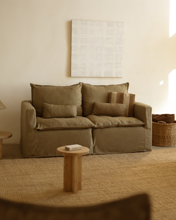 Canapé modulaire droit en coton et lin déhoussable ton vert de 196x96cm