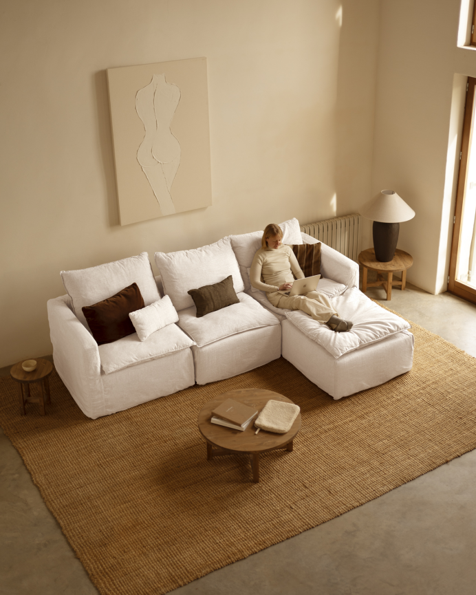 Module en coton et lin sans accoudoirs déhoussable ton blanc de 86x96cm