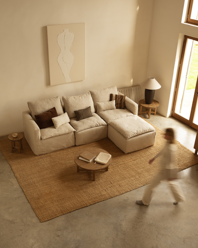 Module en coton et lin sans accoudoirs déhoussable ton beige de 86x96cm