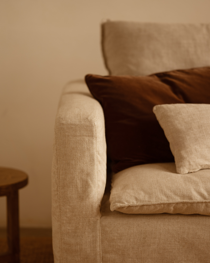 Housse de canapé modulable 3 places avec chaise longue droite en coton et lin amovible ton beige de 285x185cm