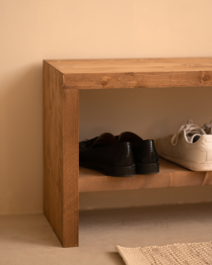 Banc à chaussures en bois massif ton chêne foncé en différentes tailles