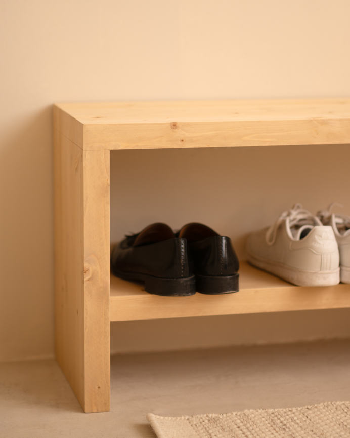 Banc à chaussures en bois massif ton chêne moyen en différentes tailles