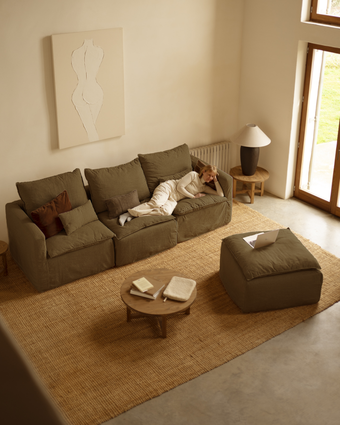 Module en coton et lin sans accoudoirs déhoussable ton vert de 86x96cm